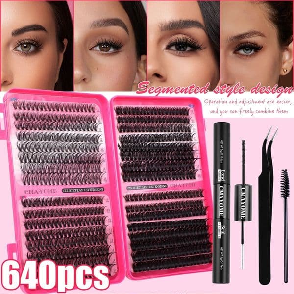 DIY Cluster Lashes - Thick Fluffy Individual Eyelashes Soft Lightweight, Handmade Reusable DIY Lash Extension Kit with Lash Bond and Seal Strong Hold