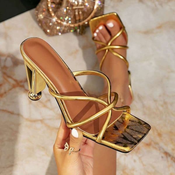 Gold Irregular Square Toe Slip On Women S Shoes Fashion Party High Heel Sandals For Women