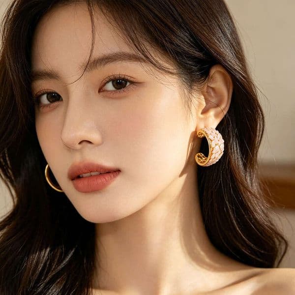 Luxurious Natural Shell C-Shaped With Gold Dual-Tone Texture, Stud Earrings For Women, S925 Silver Pin Women's jewelry
