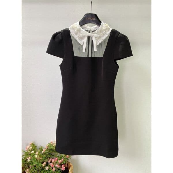 Ladylike style~Elegant slim-fit black for women, summer, pearl-decorated, doll collar, bow tie, short-sleeved A-line dress