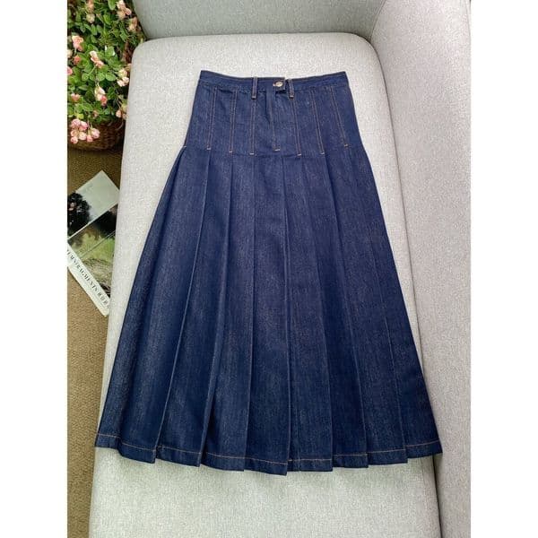 Elegant retro style~Dark blue three-dimensional denim pleated for women, high-waisted, slimming, versatile, mid-length A-line skirt