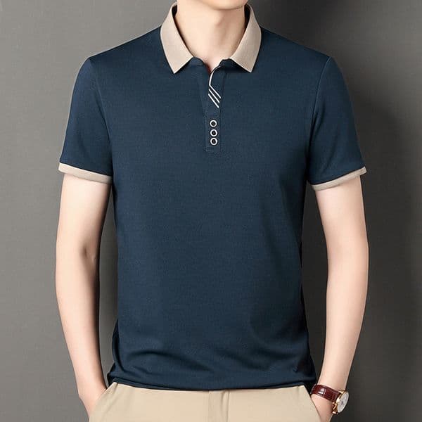 Middle-aged men's turn-down collar short-sleeve T-shirt scissor collar, loose casual top for dads, with color-blocked neckline