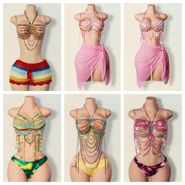 Women's Swimwear Pink PVC Hollow Out Bra Chain Metal Halter Tops Camis Sexy Backless Acrylic Beading Tassel Breast Party Night Clubwear