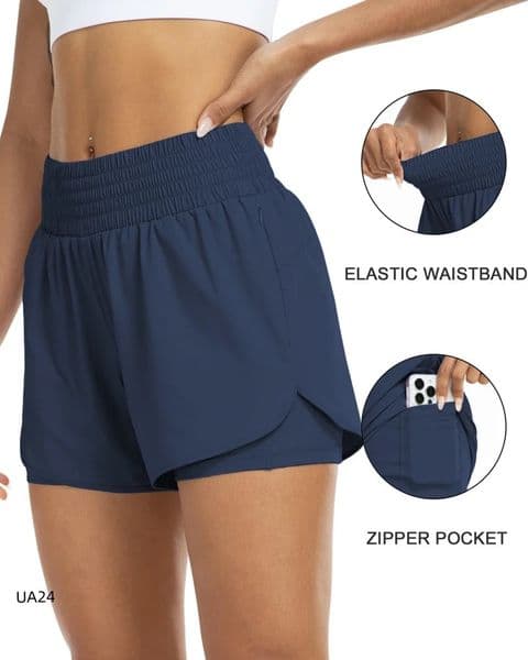 Womens High-Waisted 2-in-1 Quick-Dry Shorts with Zipper Pocket Elastic Waist for Workout Running Gym Yoga Fitness Sportswear 260427