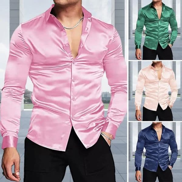 Pink Silk Satin y Dress Shirt Men Slim Long Sleeve Tuxedo Shirt Male Wedding Club Party Dance Prom Camisas 260424