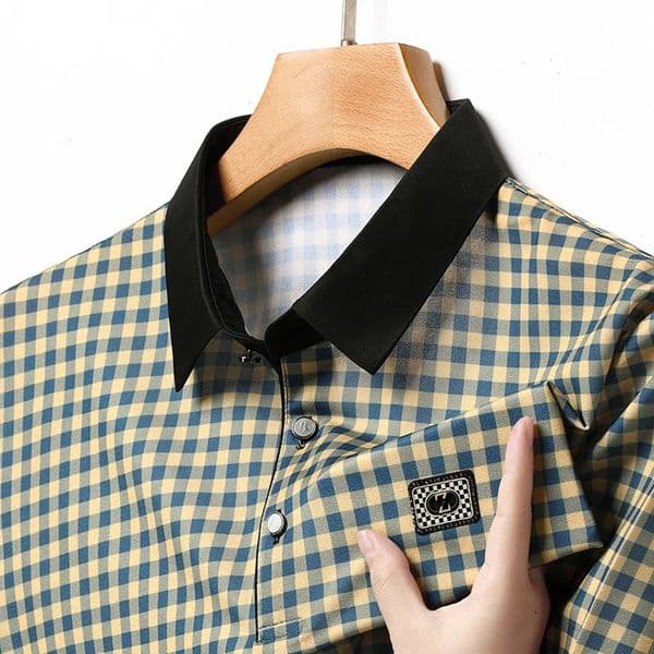 Mens Plaid Badge Short Sleeve POLO Shirt Casual Summer Top Arrivals 260427