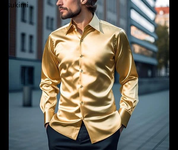Luxuty Silk Satin Men Shirt Long Sleeve Casual Slim Fit Business Office Shirt Stylish Solid Color Lapel Wedding Party Prom Shirt 260424