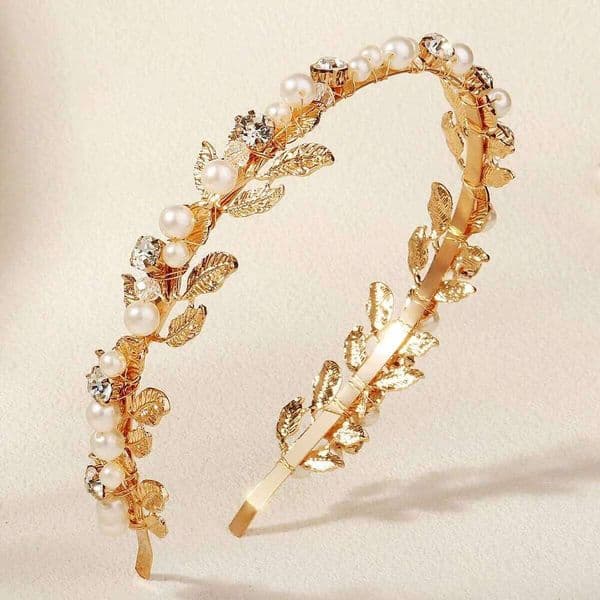Golden Handmade Alloy Leaf Hair Bands Rhinestone Pearl Classic Headband Festivals Party Elegant Crown For Women