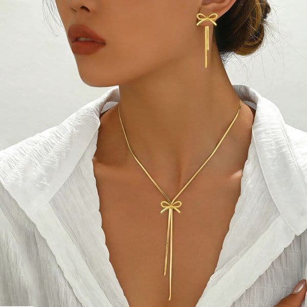 DGIDDK Stainless Steel Necklace French Atmosphere Delicate Bow Tassel Collar Chain For Women Jewelry Daily Match Birthday Gift 260428