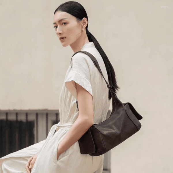 School Bags Qiuzhen Vegetable-Tanned Lambskin Crossbody Tote Bag Retro Single-Shoulder For Women Large Capacity Commuter