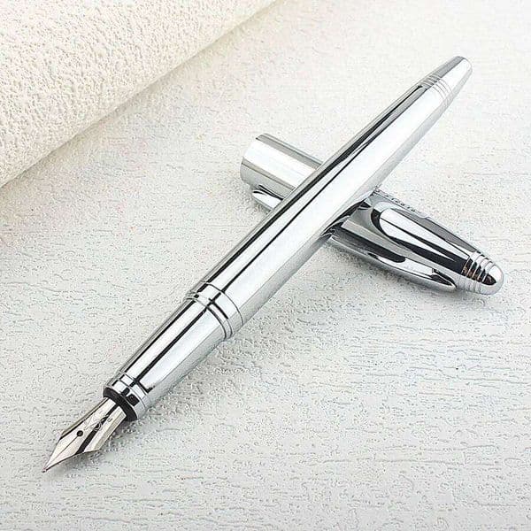 Metal Stainless Steel Fountain Fine Nib 0.5mm Bright Silver Excellent Writing Gift Ink Pen for Business Office Home 26L0429