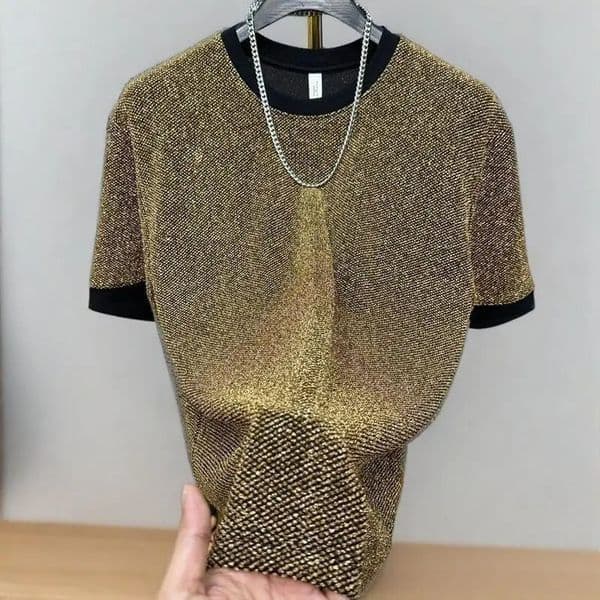 Shiny Silk Men O Neck Short Sleeve T Shirt Summer Fashion Hip Hop Punk Allmatch 2xl Oversize Streetwear Golden Silver Party Bar 260428