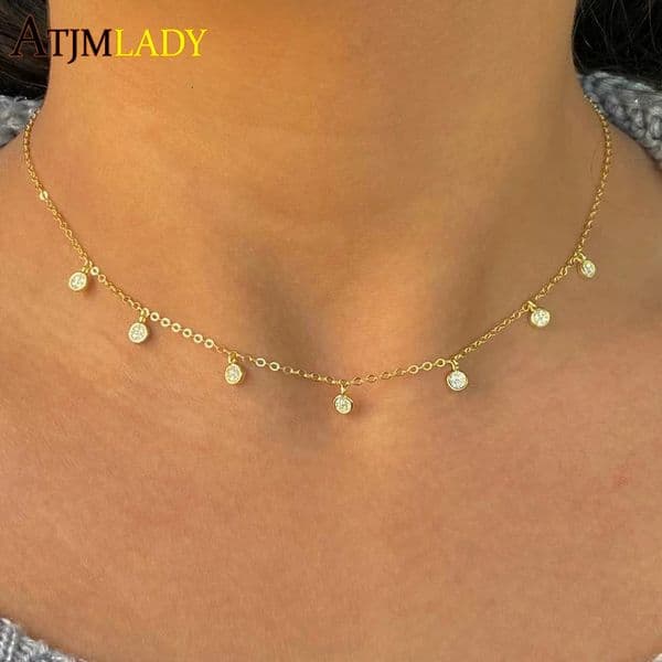 925 Sterling Silver Clear CZ Station Multi Charm Choker Fashion Delicate Dainty Disco Dots Drip Drop Pendant Necklace For Women 260429