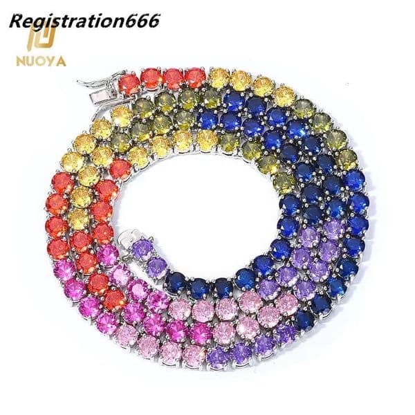 Factory Wholesale 5mm Multi-Color Gemstone Tennis Chain Necklace Gold/Silver Plated Hip Hop Jewelry Custom Bling Necklace
