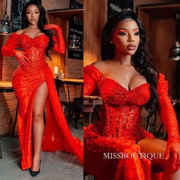 Aso Ebi Plus Size Prom Dresses Off Shoulr Red Sweetheat Sequined Bead African Gala Dress Birthday Club Graducation Evening Gowns Formal Gown Vestidos Robes Q429