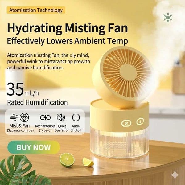 3-in-1 Portable Misting Fan Quiet Humidifier 3-Speed Rechargeable Desktop Fan with Ambient Night Light for Office Home L260429