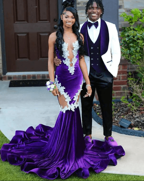 Gorgeous Purple Velvet Mermaid Prom Dress for Black Girl 2026 Sexy Pendant V-neck Bead Long Stickers Evening Dress New Style