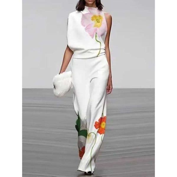 Women's Fashion Floral Printed Sleeveless Neck Vest Tops & Elastic High Waisted Loose Straight Leg Pants 2026 New