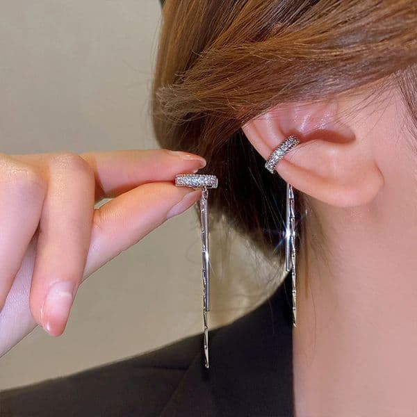 Silver Color Crystal Tassel NonPiercing Cuff Ear Clip Earring For Women Shiny Rhinestone Chain Cartilage Piercing Jewelry 260428