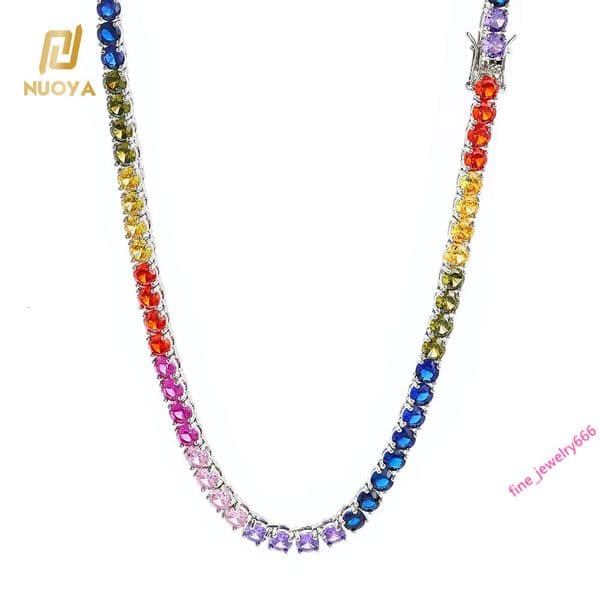 Factory Wholesale 5mm Multi-Color Gemstone Tennis Chain Necklace Gold/Silver Plated Hip Hop Jewelry Custom Bling Necklace