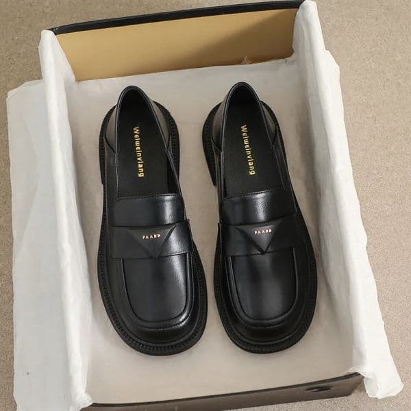 Black Round Toe Flats Soft Sole Women's Leather Loafers Oversized British Casual Shoes Low Heel Summer Style EUR35-43 elegant shoe