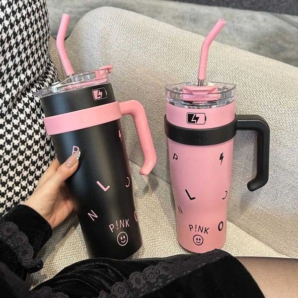 Black Pink Stainless Steel Insulated Water Bottle Large Capacity 40oz with Handle and Straw Perfect Gift for Home Office UseT260429