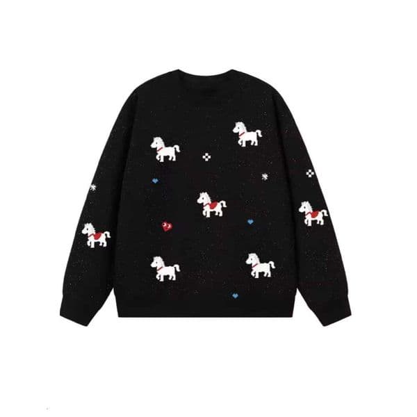 2026 Little Pony Starry Round Neck Sweatshirt For Couples, Trendy Loose Fit, Black Korean Style, Shiny Autumn Top Hoodie round neck sweater