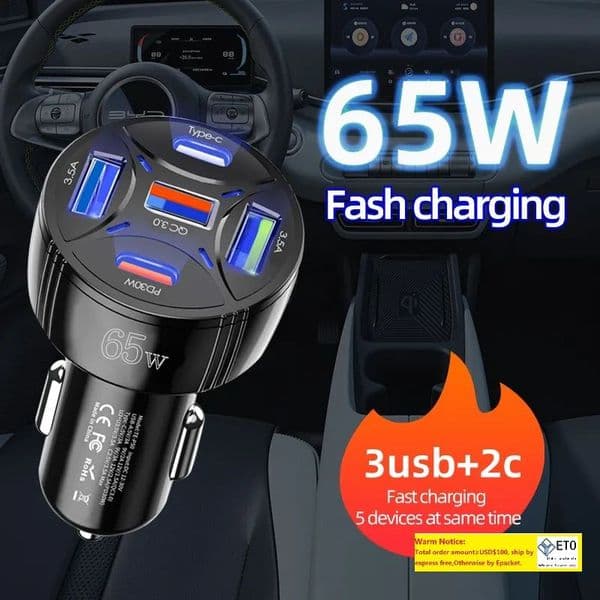 5 Ports 65W USB Car Charger Type C Car Lighter Charger PD QC3.0 Car Fast Charger Adapter 30W 986 LL Tax Duty Free