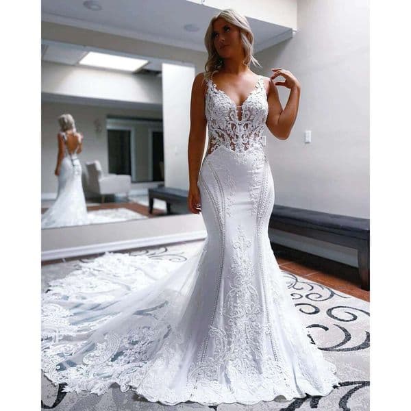 Elegant V-Neck Wedding Dresses Lace Appliques Bridal Gowns Spaghetti Straps Mermaid Bridal Dress for Bride Formal Wedding Gowns BC19370