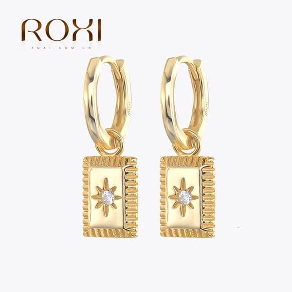 ROXI Rectangle Earrings for Women Girls Zircon Crystals Stars 925 Sterling Silver Hoop Earrings Pendientes Punk Huggie Earring 260429