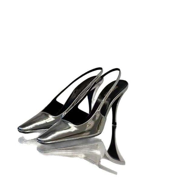Elegant Metallic Silver Heels Square Toe Shallow Mouth Stiletto Feminine Glossy Back Strap Hollow High Heel Sandals