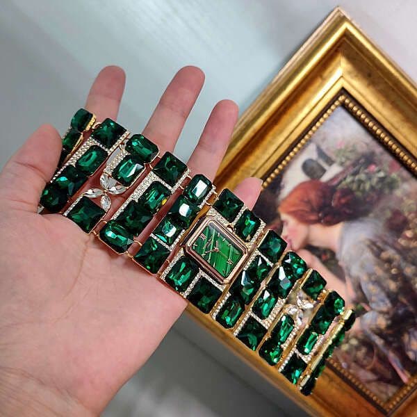 Vintage Medieval Style Palace-Style Heavy Craftsmanship Copper Emerald Green Zircon Crystal Women's Wide Bracelet Watch