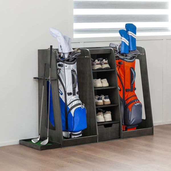 55.5''x16''x37''(LxWxH) Organizer and Storage Rack, High Quality Wooden 2 Bag Rack Drawers, Easy to Assemble Golf Holder/Stand with Club Holders on Side,Gray