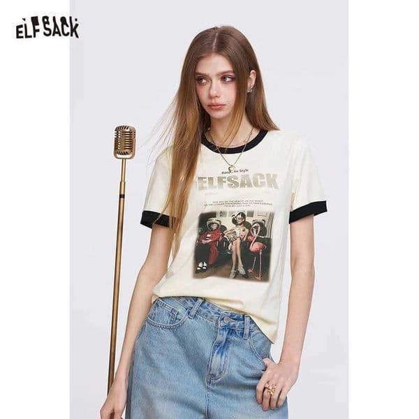 Womens Vintage Ringer T-Shirt wiTH Photo Graphic Print Contrast Tee for Summer CHIc AesTHetic Short Sleeve Top H260429
