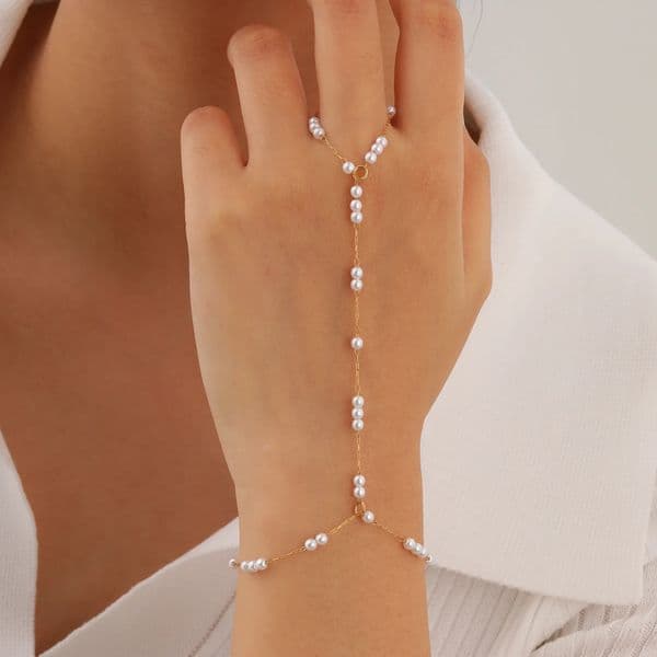 Stainless Steel Pearl Finger Ring Charms Bracelets for Women Bead chain zircon Mittens Tassel Bracelet Jewelry Gifts 260428