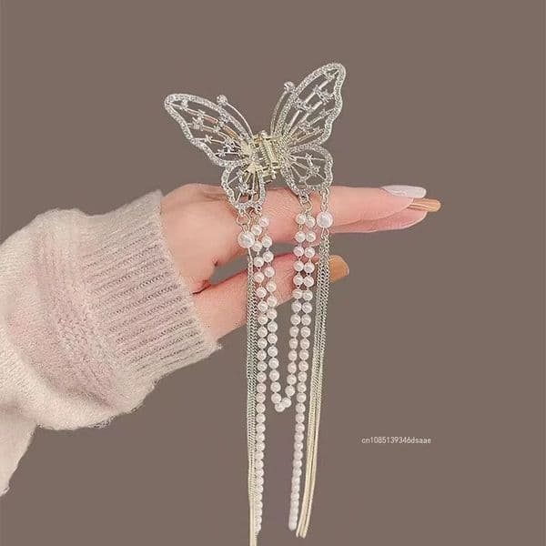 Korean Butterfly Hair Clip with Long Tassel Accessories for Women Elegant Pearl Shark Hairpins Jewelry 260428