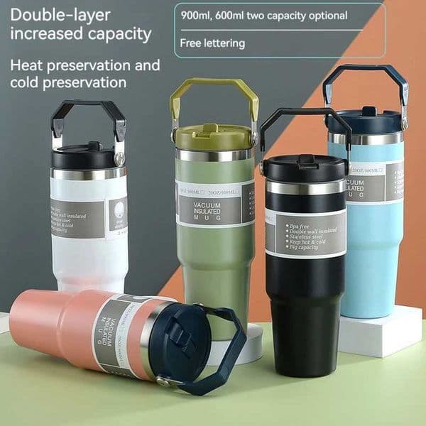 600/890ML Stainless Steel Thermos Mug With Straw Keeps Cold and Heat Thermal Mug Car Insulated Flask Water Tumbler for OutdoorT260429