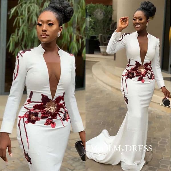 New White Mermaid Sexy African Evening High Neck Long Sleeves Appliques Prom Dresses Deep V-Neck Formal Party Gown Y429