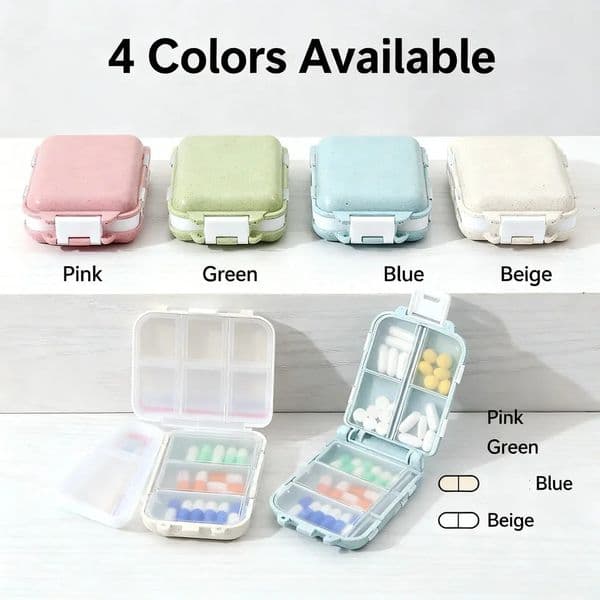 Portable 8 Compartments Double Layer Pill Organizer Wheat Straw BPA Free MoistureProof Box for Travel Daily Use 260428