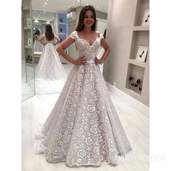 Princess Off the shoulder Lace Dresses A Line Appliques Floor-length Bride Wedding Gowns With Ribbons Sashes BA2886