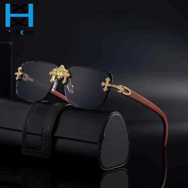 Punk New Mens Retro Square Rimless Sunglasses Cross with Diamond-Cut Edges Gradient Shades Imitation Wood Grain Women Glasses Z260429