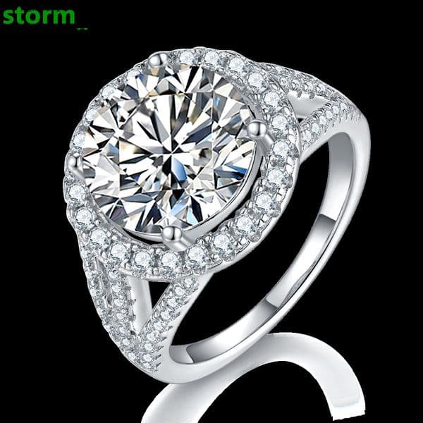 Classic Womens Moissanite Ring with Round Brilliant Cut Platinum Plated 925 Sterling Silver Prong Setting Trendy Wedding Band