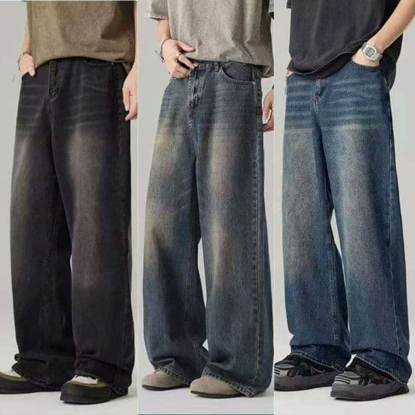 Men's jeans, popular in Southeast Asia, washed wide-leg jeans for men, vintage distressed loose straight pants