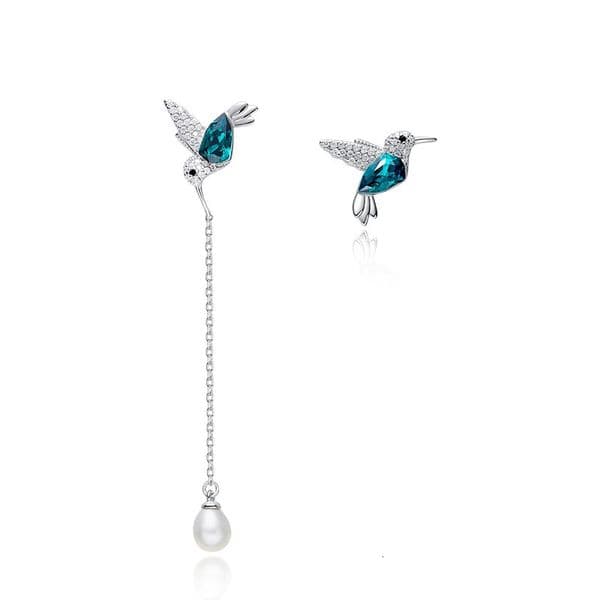S925 Sterling Silver Hummingbird Freshwater Pearl Earrings Green Austrian Crystals Cute Animal Jewelry Gifts for Women Girls 260429