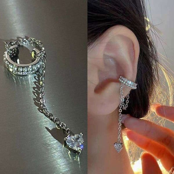 Sparkling Heart Zircon Shining Long Tassel Cuff No Piercing Female Trendy Design Ear Clip Earrings Party Jewelry