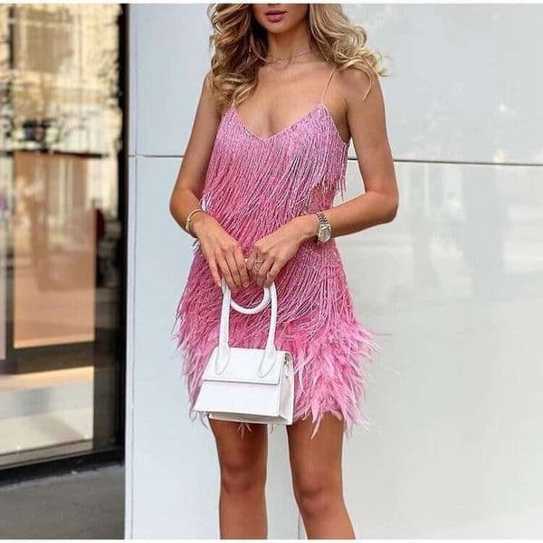 Fashion Tassel Sequin Multi-color Birthday Party Sexy V-neck Strap Feather Patchwork Dress 2025 New Elegant and Unique Clothing