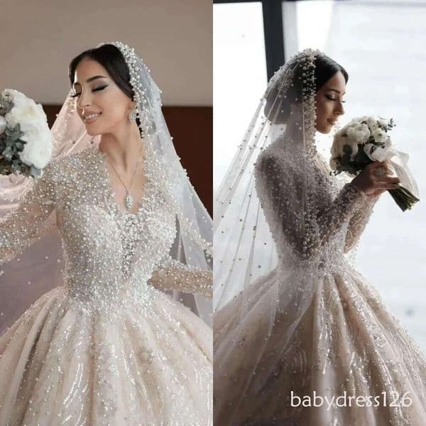 Glamorous More Pearls Wedding Dresses Sequins Bride Gown V Neck Long Sleeve Bridal Dress Sweep Train Custom Made Vestidos De Novia 6660313