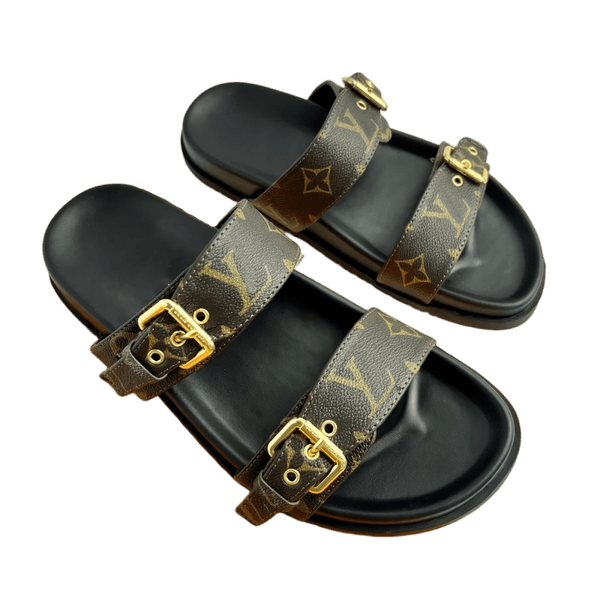 Designer Bom Dia Slippers women lvs Luxury Shoes High quality Genuine Leather sandal Slipper Casual Shoe Woman Flat Slide Indoor Daily Outfit Outdoor Recreation