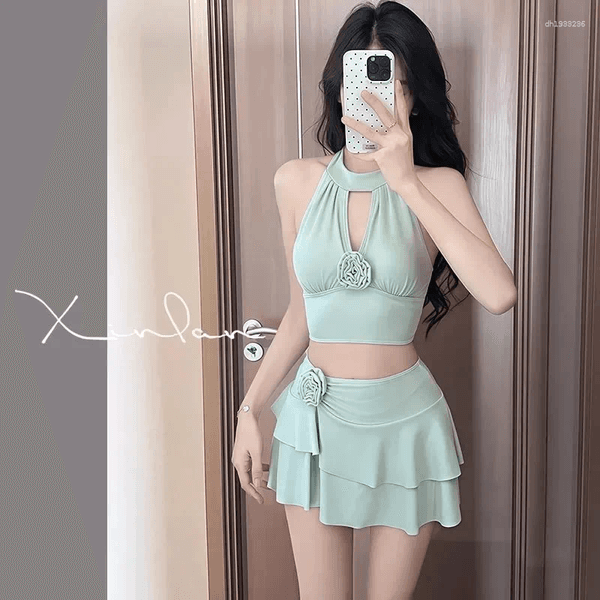 Women's 2 Piece Swimsuit Halter Neck Crop Top Ruffle Skirt High Waist Bathing Suit With Flower
