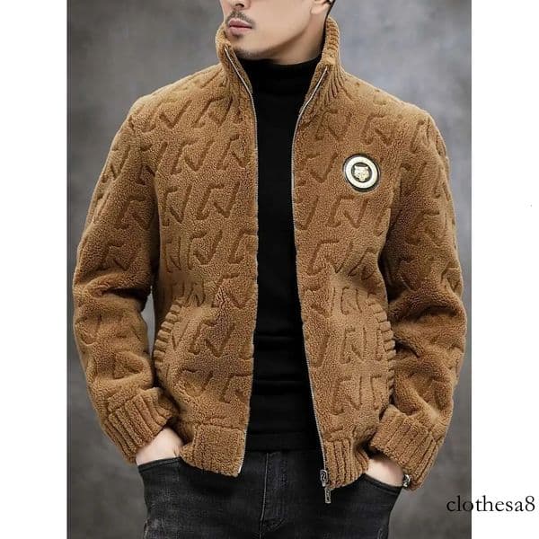 Men's Faux Fur-Lined - Casual Business Style, Warm Slim Fit, Full-Zip With And Ribbed Cuffs For Fall/Winter, Autumn Outerwear Stand Collar Jacket | Golden